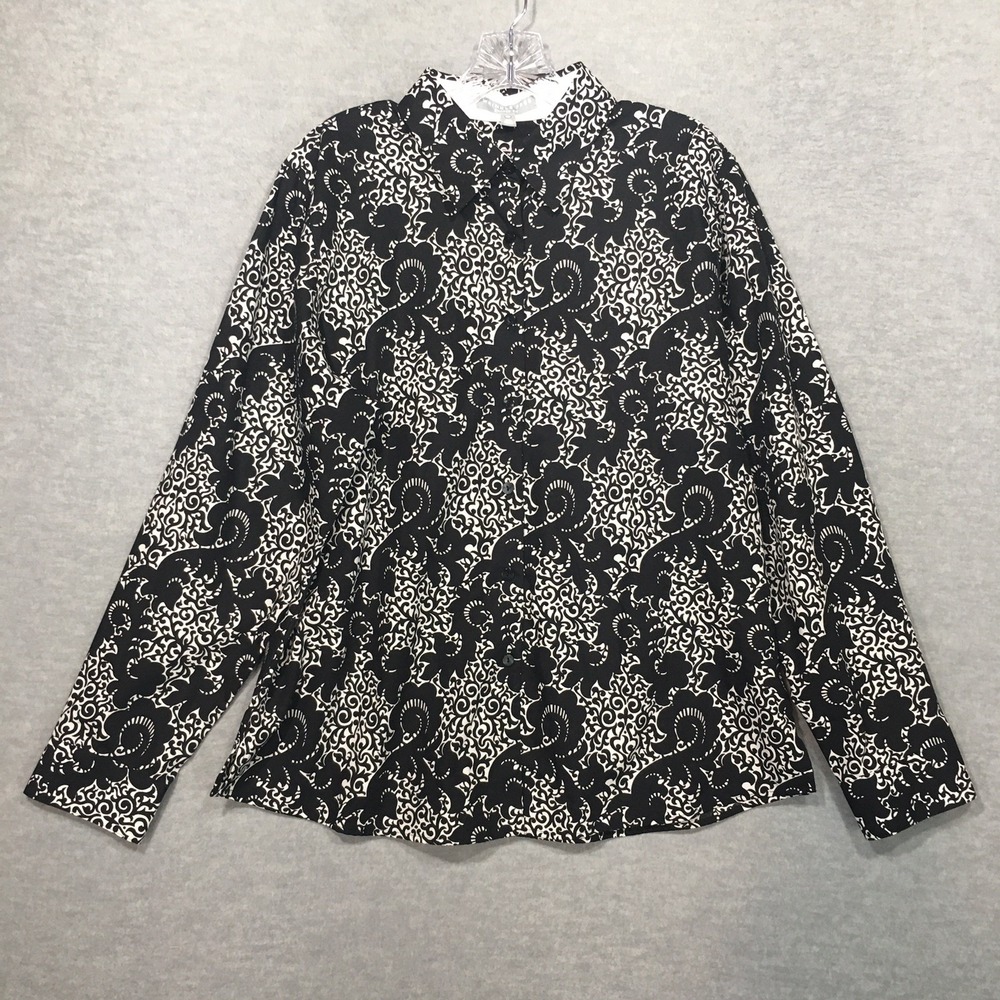 Foxcroft Wrinkle Free Shaped Fit Button-Up Shirt Black White Floral Print Sz 16